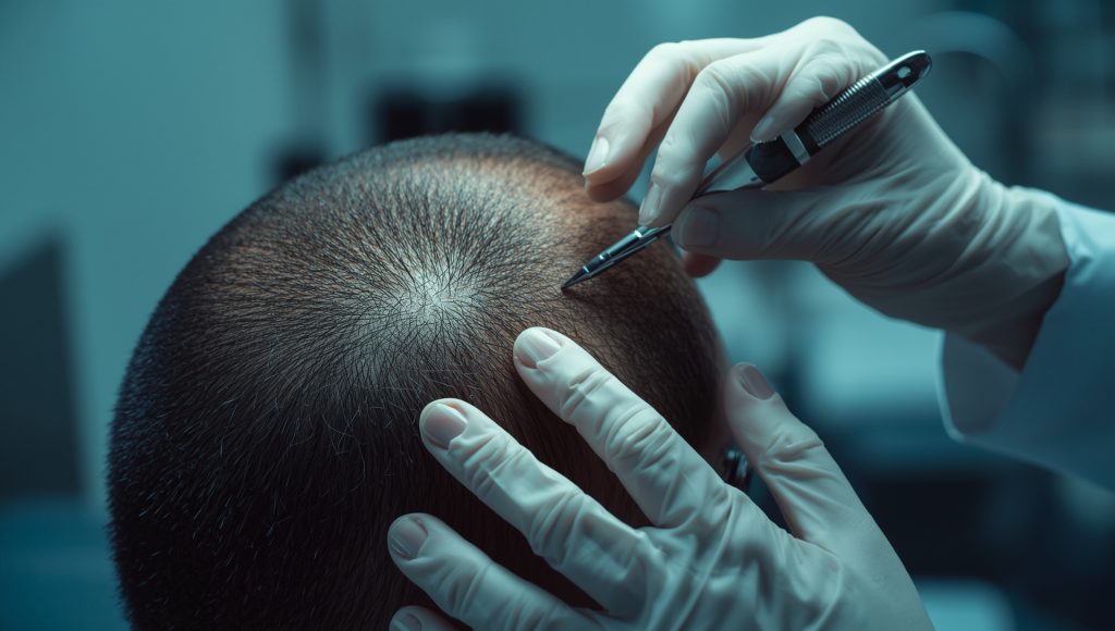 Physician examining a patient’s natural unshaved hair during a No Shave FUE consultation in a modern medical office.