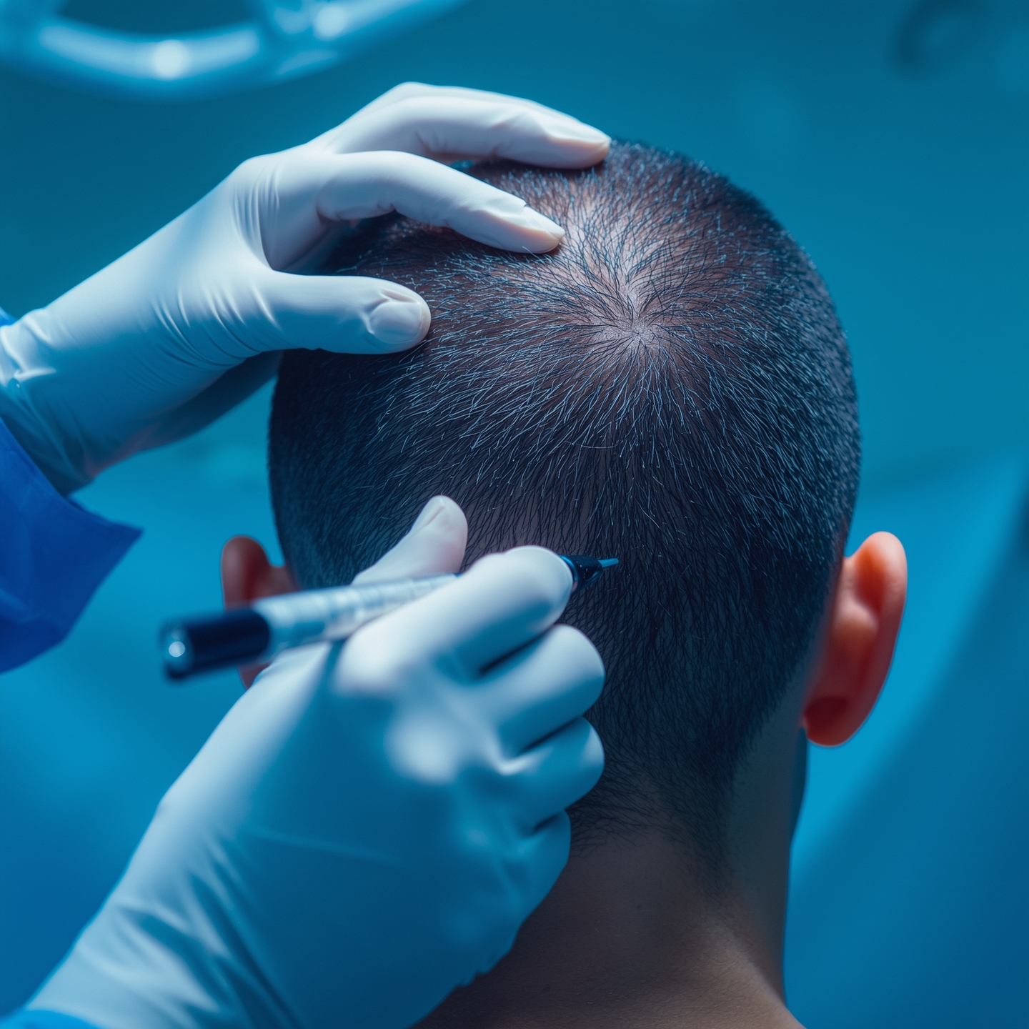 Physician marking a patient’s scalp during a no-shave FUE hair transplant consultation in a clinical setting