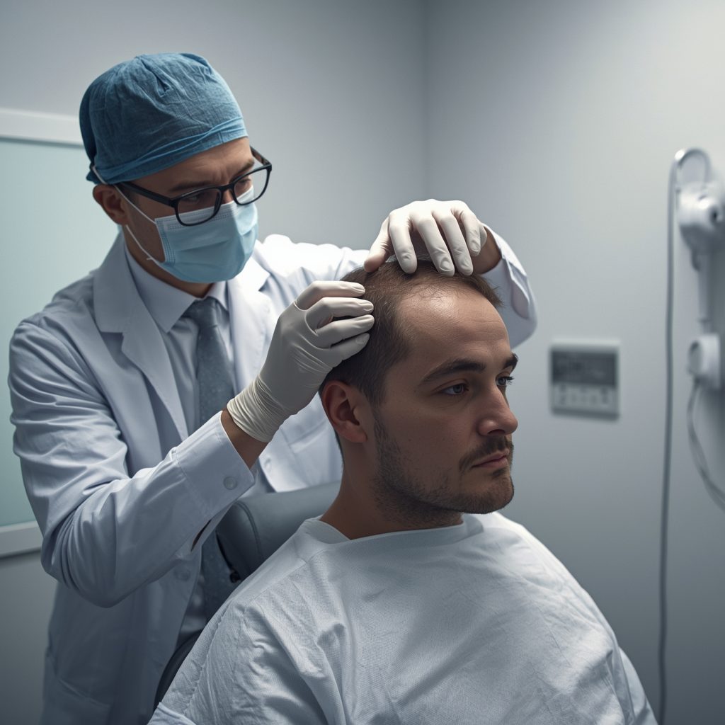 Physician examining and marking a patient’s hairline during a doctor-performed hair transplant consultation