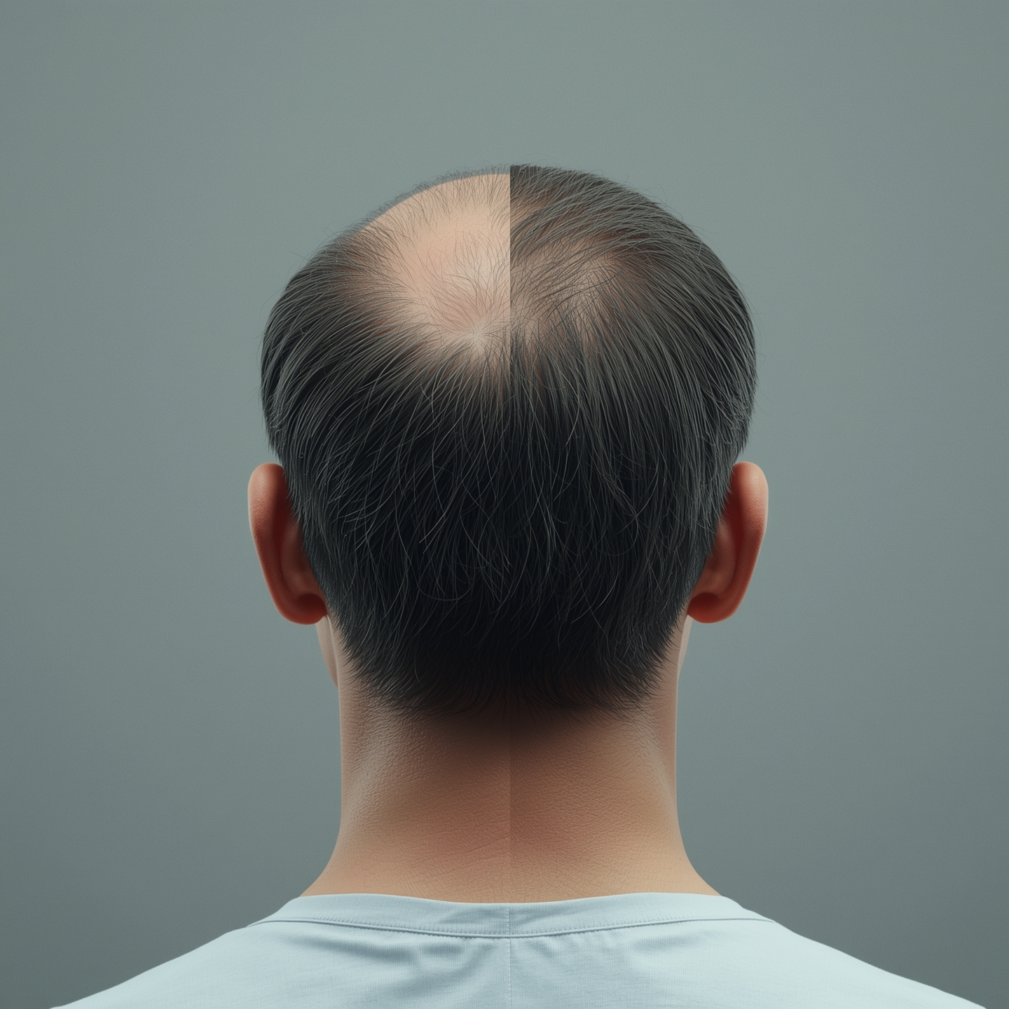 Split-view image showing differences in hair density between FUE and FUT hair transplant methods