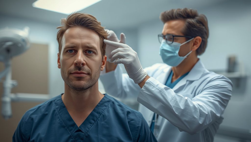 Physician examining a patient’s hairline during a professional hair transplant consultation for natural-looking results