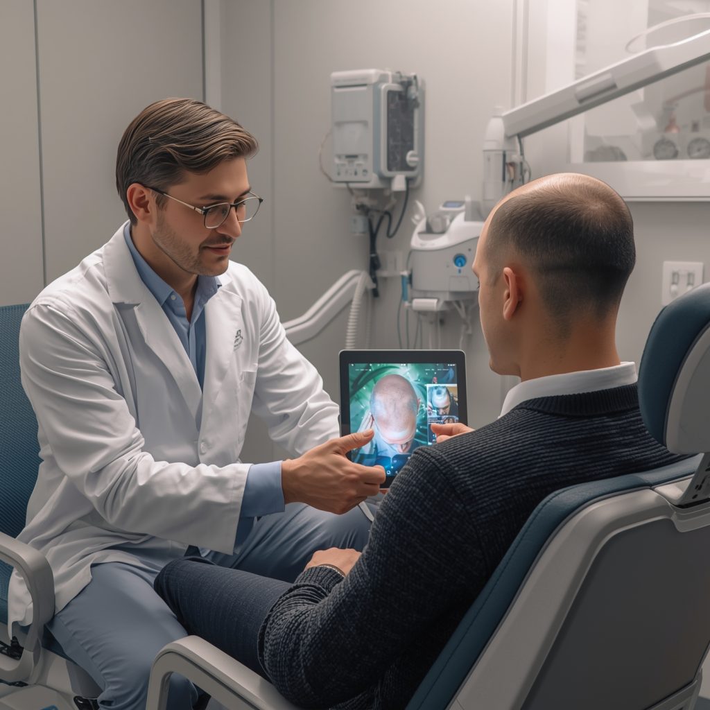 Physician evaluating a patient for Shave-Less FUE hair transplant during a private consultation in a modern clinic