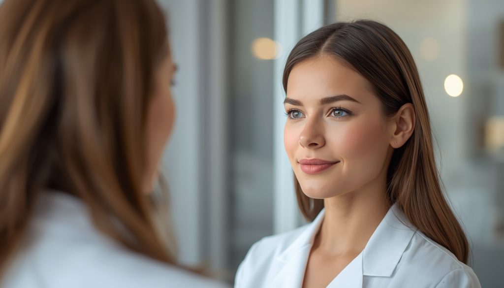 Woman consulting a specialist for hair restoration treatment in a medical clinic